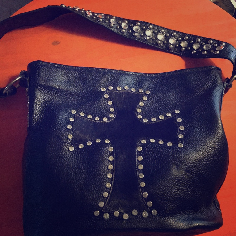 BHW purse with cowhide cross and rhinestones